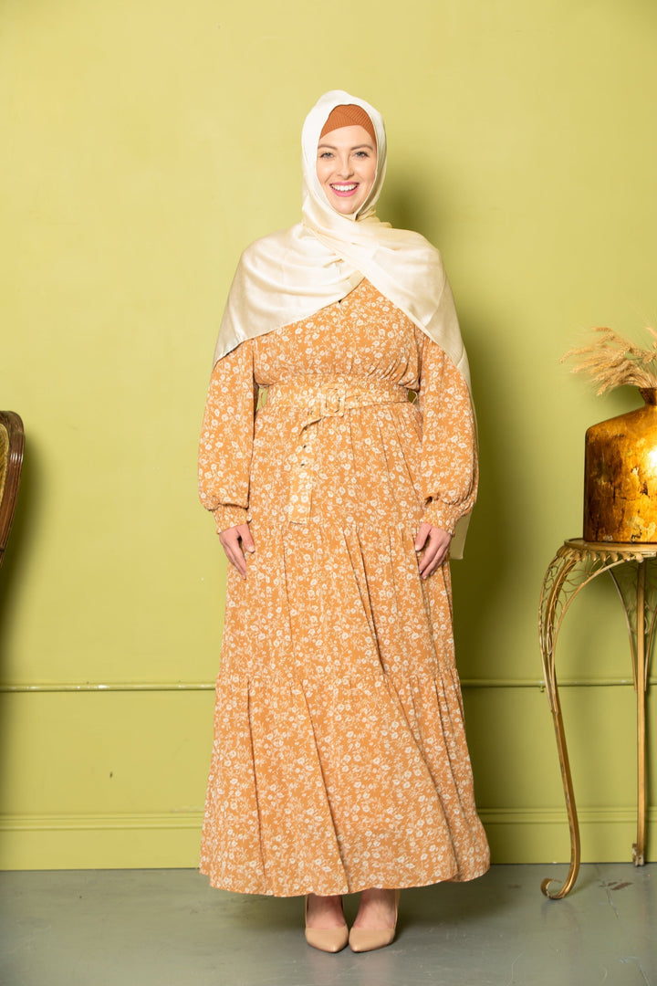 Mustard Floral Maxi Dress - Urban Modesty