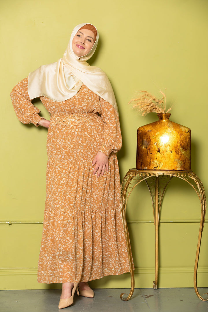 Mustard Floral Maxi Dress - Urban Modesty