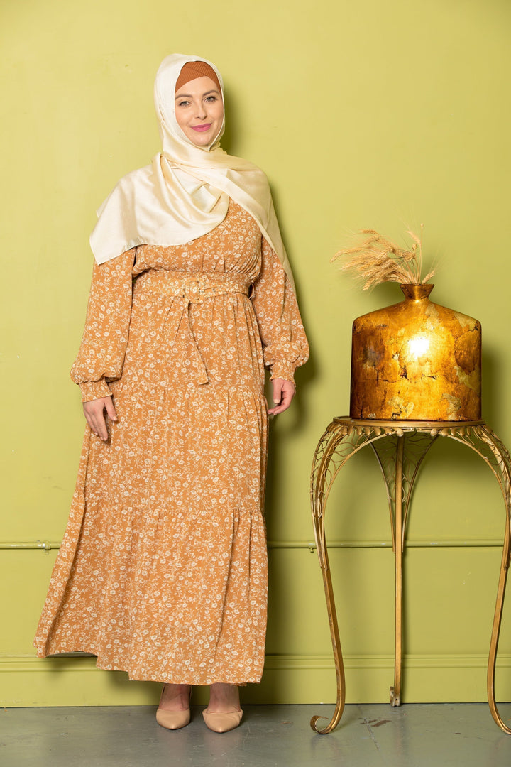 Mustard Floral Maxi Dress - Urban Modesty