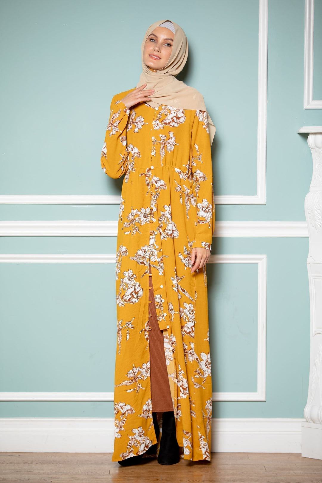 Mustard Floral Non-Sheer Maxi Cardigan-CLEARANCE