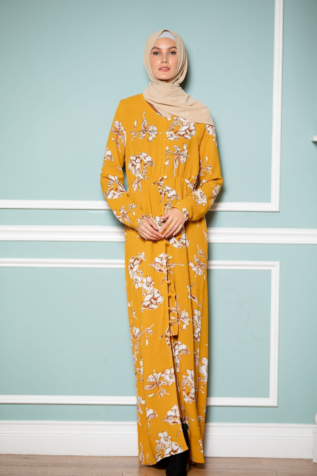 Mustard Floral Non-Sheer Maxi Cardigan-CLEARANCE