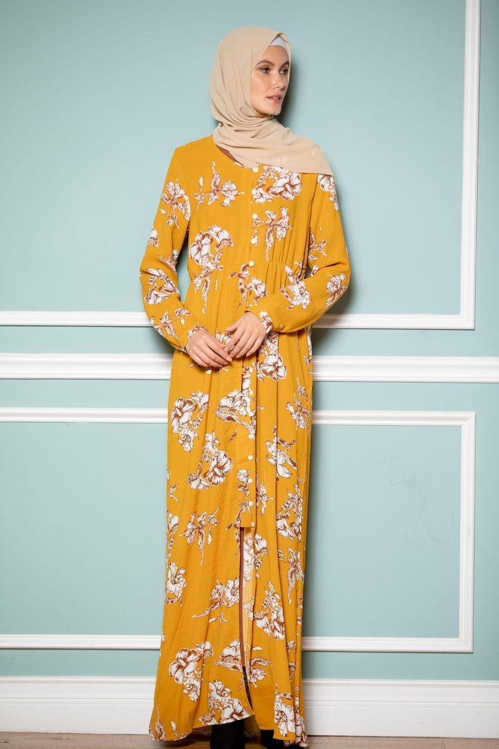 Mustard Floral Non-Sheer Maxi Cardigan-CLEARANCE