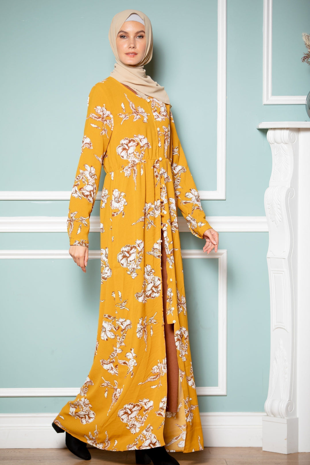 Mustard Floral Non-Sheer Maxi Cardigan-CLEARANCE