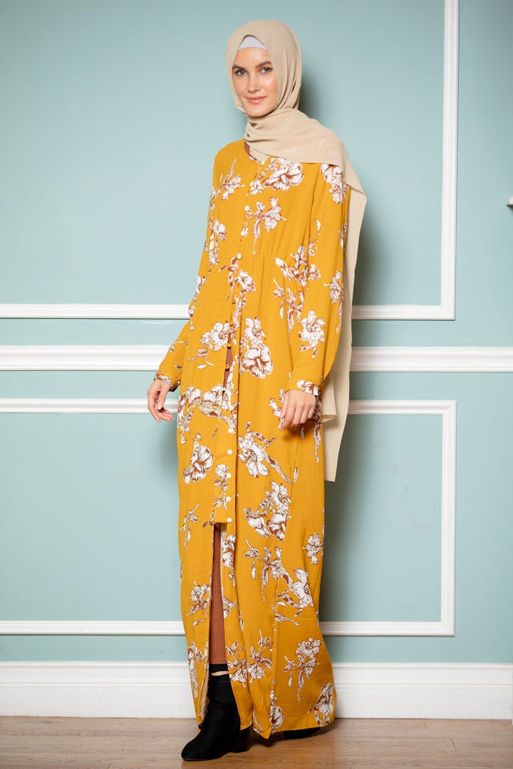 Mustard Floral Non-Sheer Maxi Cardigan-CLEARANCE