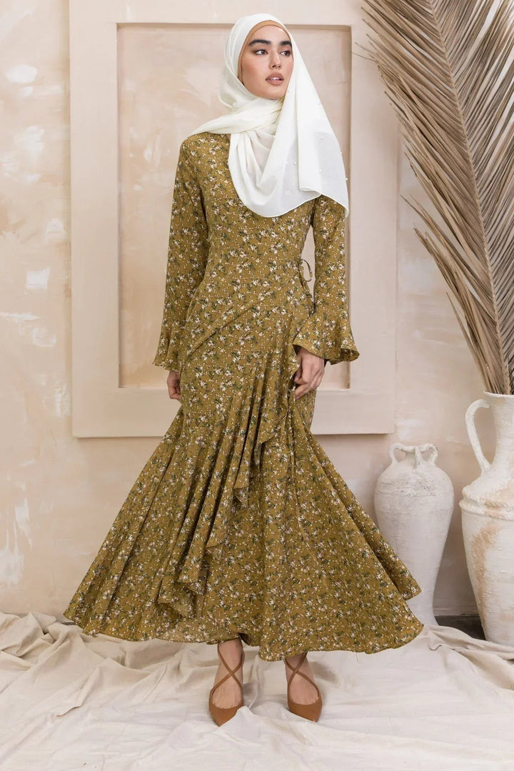 Ruffle Wrap Maxi Dress - X-Small / Mustard Green