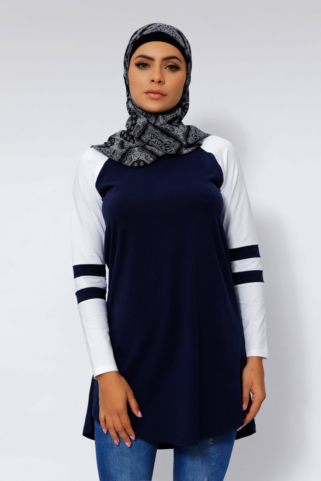 Navy Blue Basic Long Sleeve Cotton Tunic