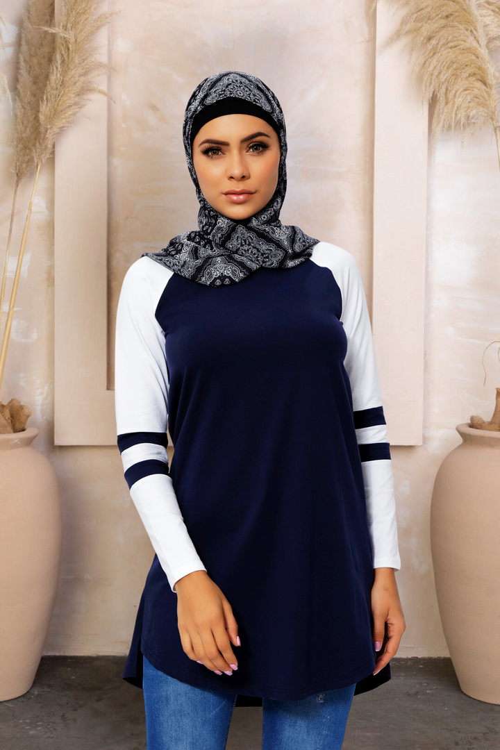 Navy Blue Basic Long Sleeve Cotton Tunic