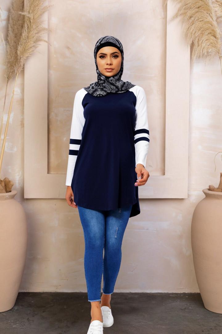 Navy Blue Basic Long Sleeve Cotton Tunic