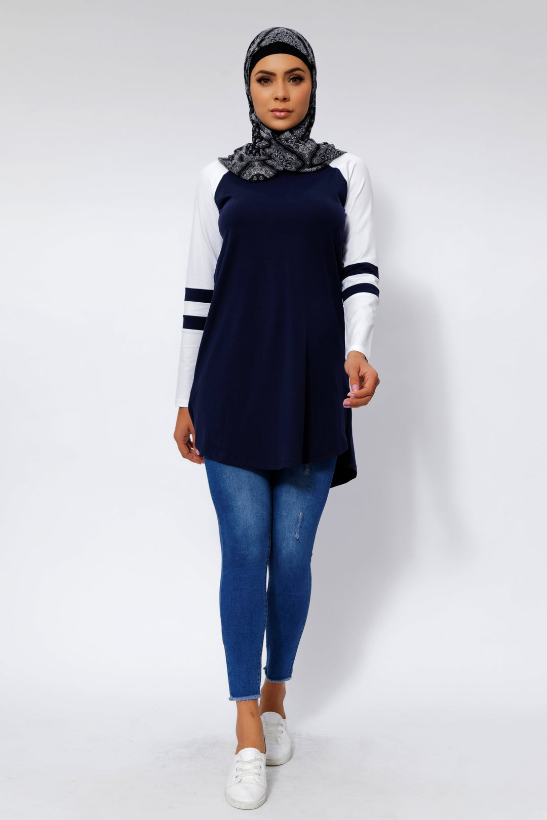 Navy Blue Basic Long Sleeve Cotton Tunic