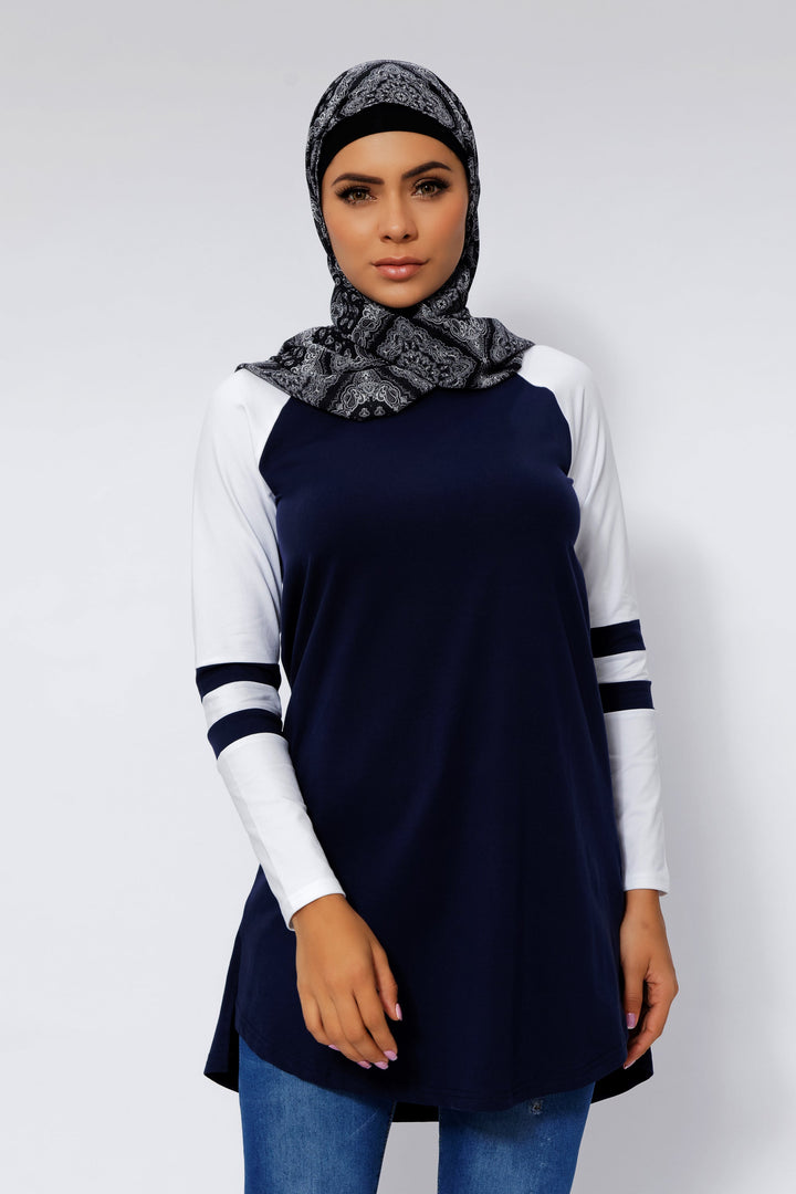 Navy Blue Basic Long Sleeve Cotton Tunic