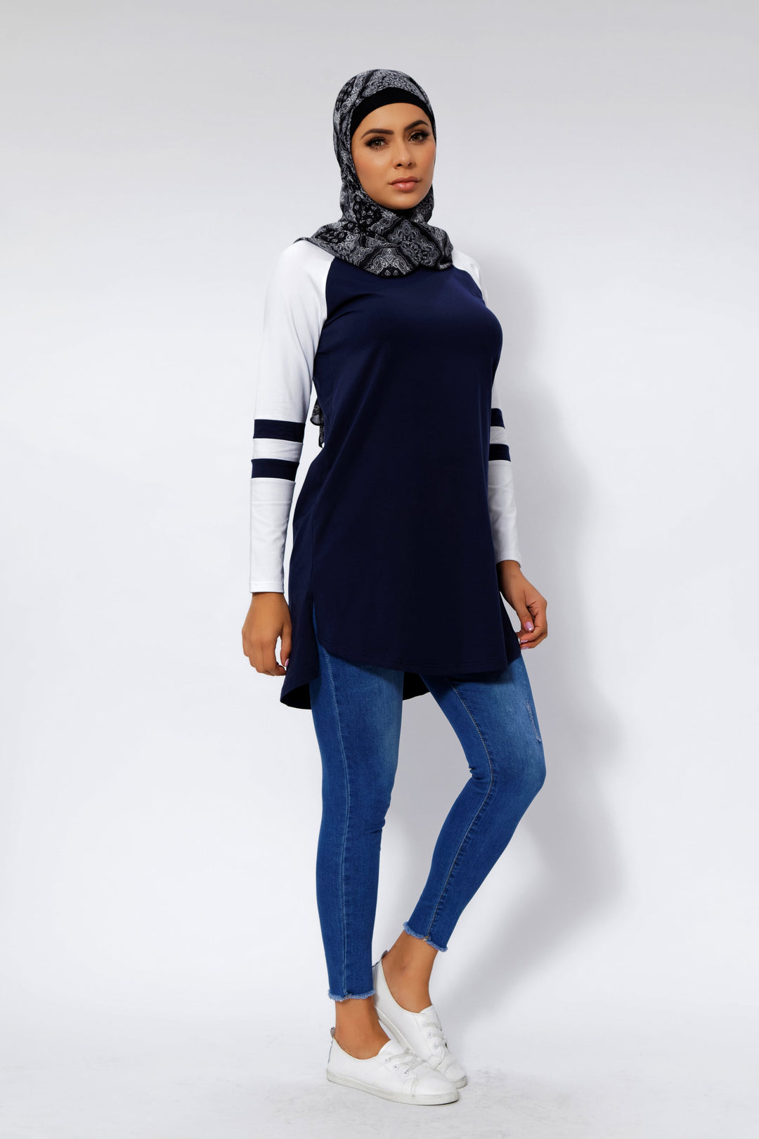 Navy Blue Basic Long Sleeve Cotton Tunic