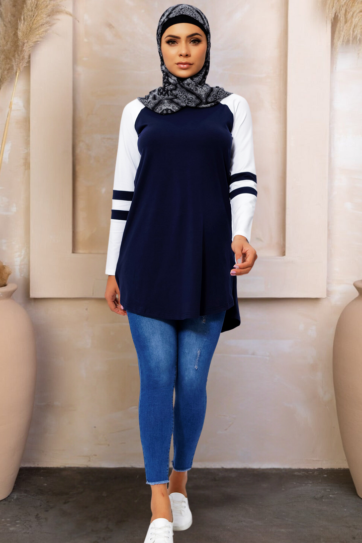 Navy Blue Basic Long Sleeve Cotton Tunic