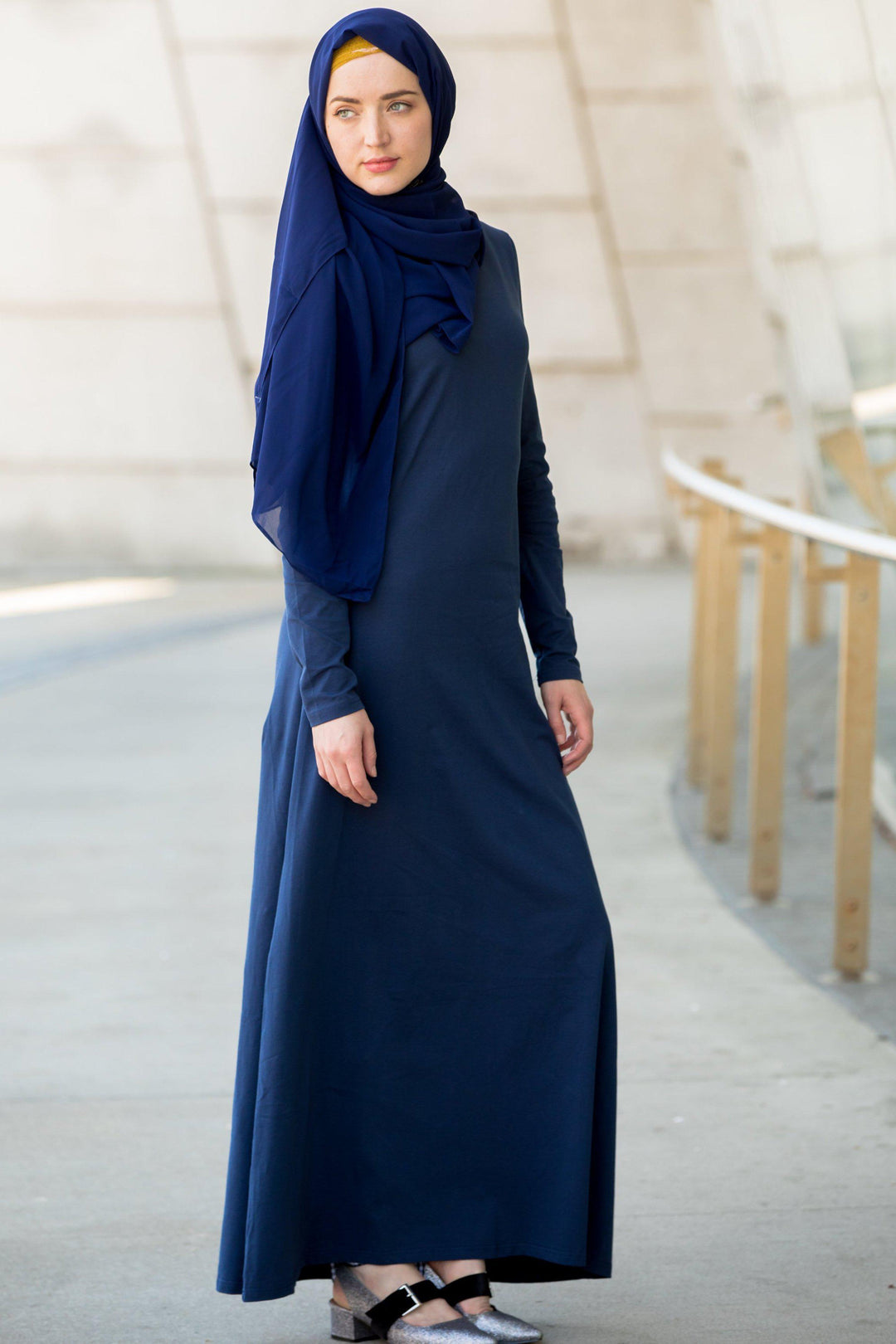 Navy Blue Cotton Long Sleeve Maxi Dress - Urban Modesty