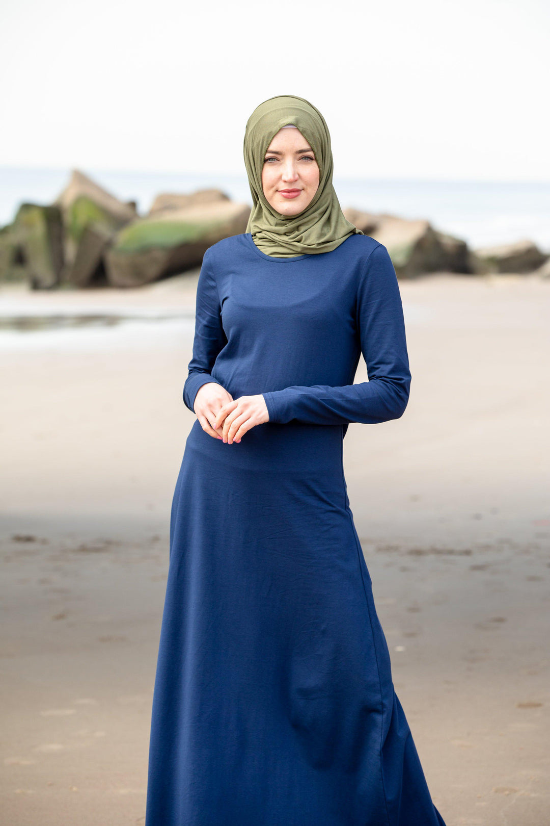 Navy Blue Cotton Long Sleeve Maxi Dress - Urban Modesty