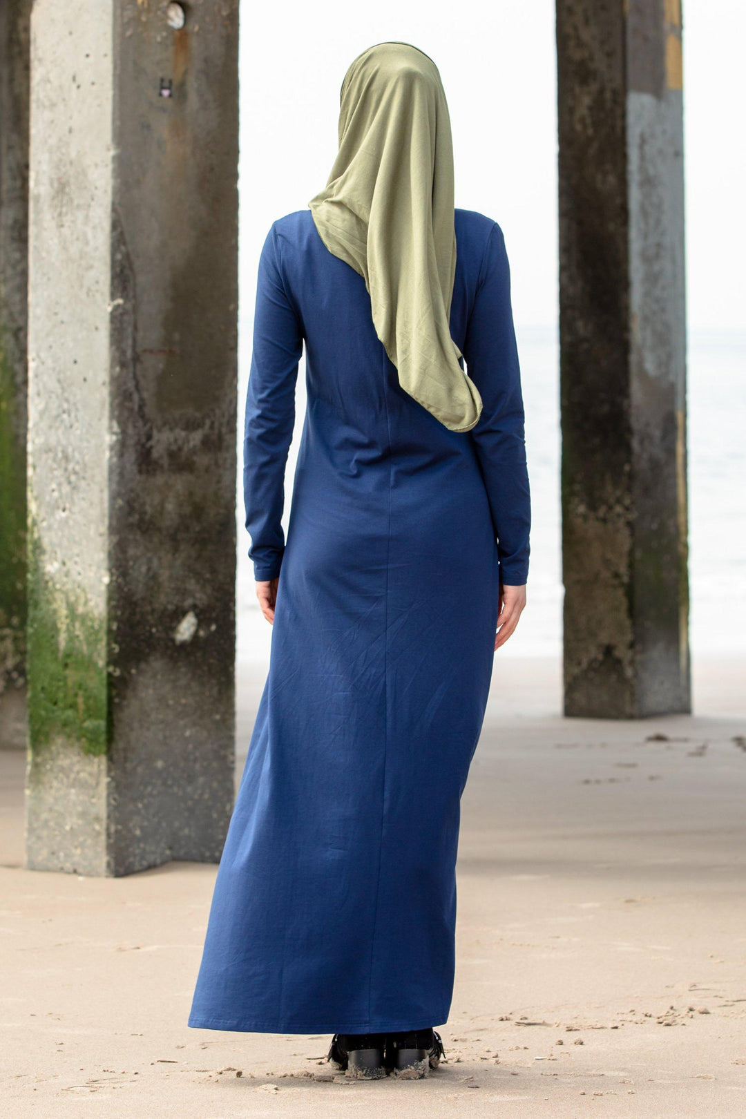 Navy Blue Cotton Long Sleeve Maxi Dress - Urban Modesty