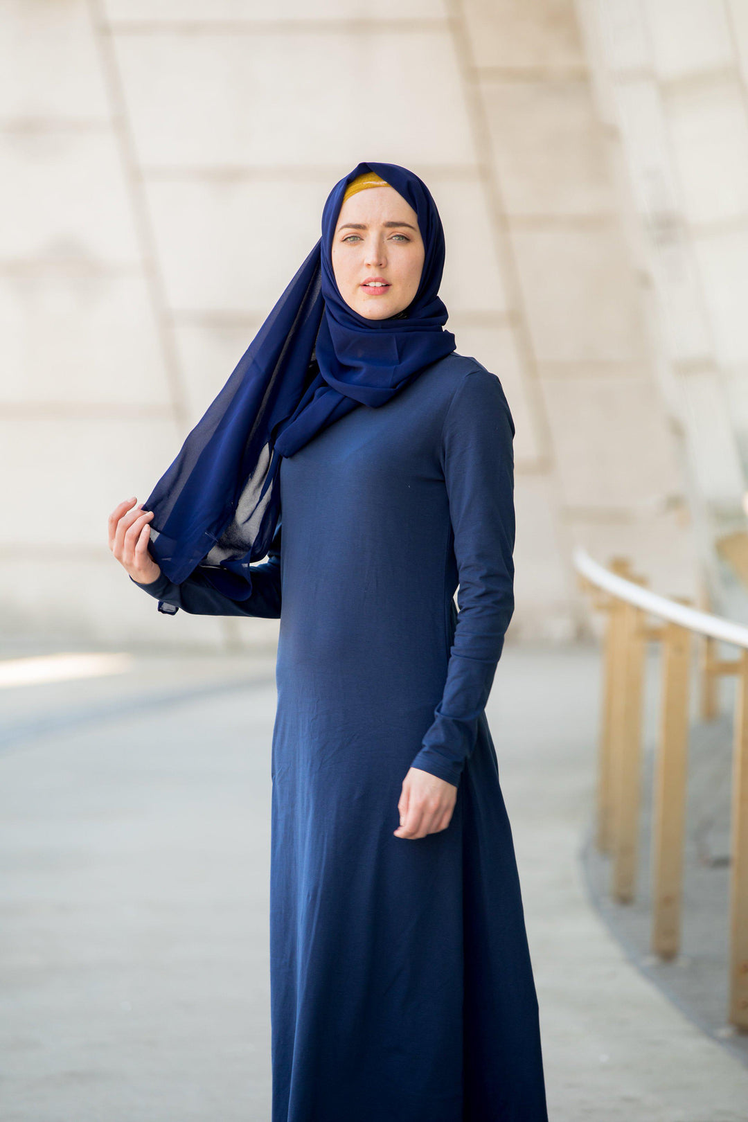 Navy Blue Cotton Long Sleeve Maxi Dress - Urban Modesty