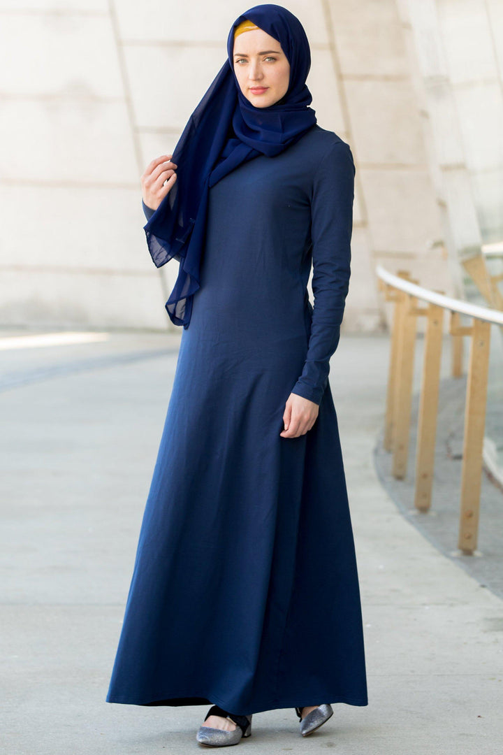 Navy Blue Cotton Long Sleeve Maxi Dress - Urban Modesty