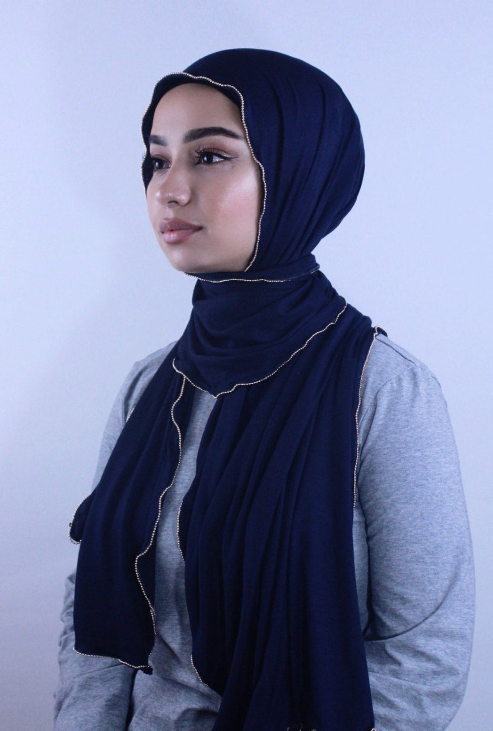 Navy Blue Jersey Solid With Beaded Trim Hijab