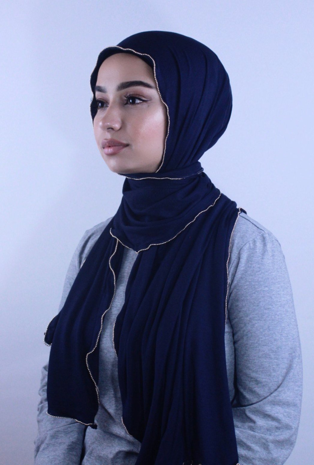 Navy Blue Jersey Solid With Beaded Trim Hijab - Urban Modesty