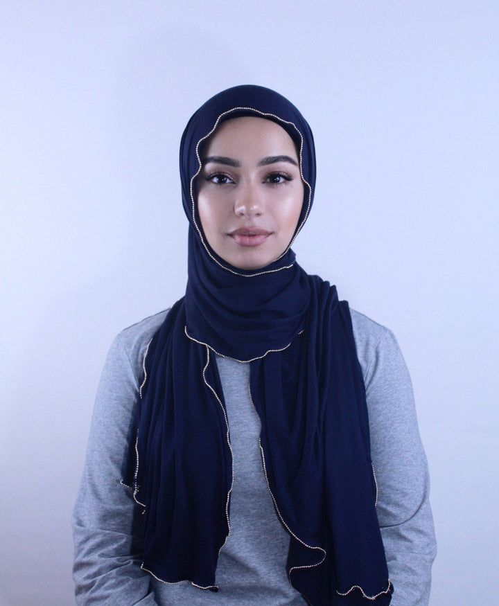 Navy Blue Jersey Solid With Beaded Trim Hijab - Urban Modesty