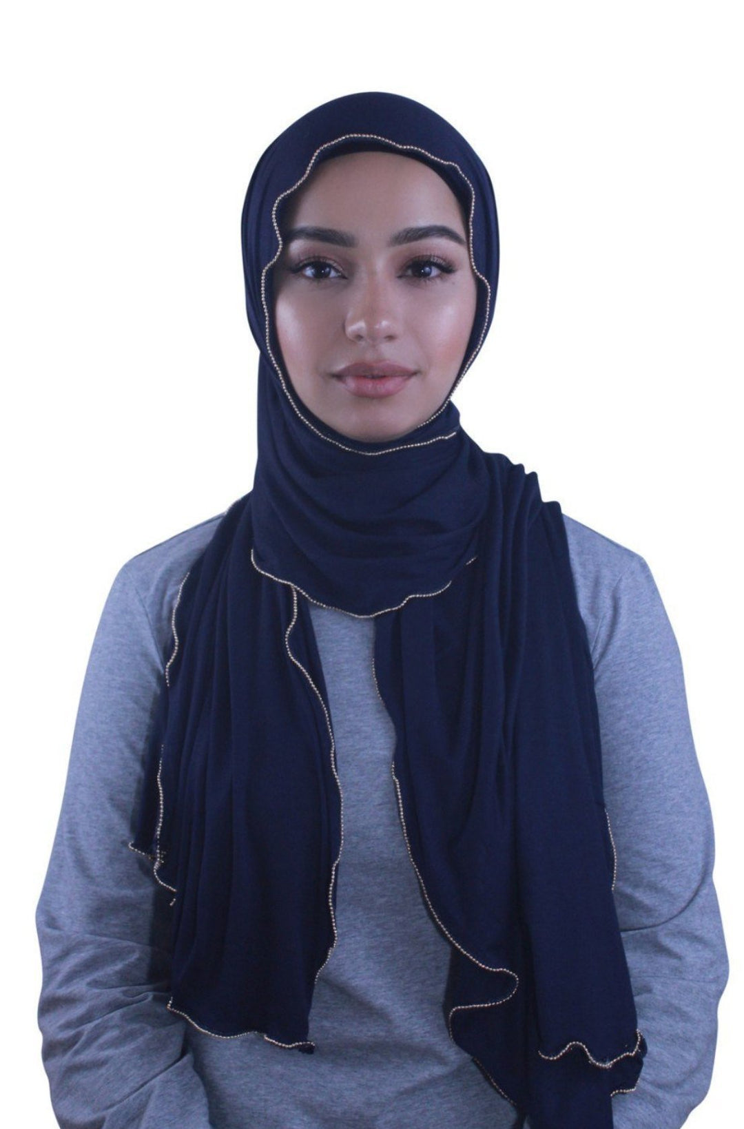 Navy Blue Jersey Solid With Beaded Trim Hijab