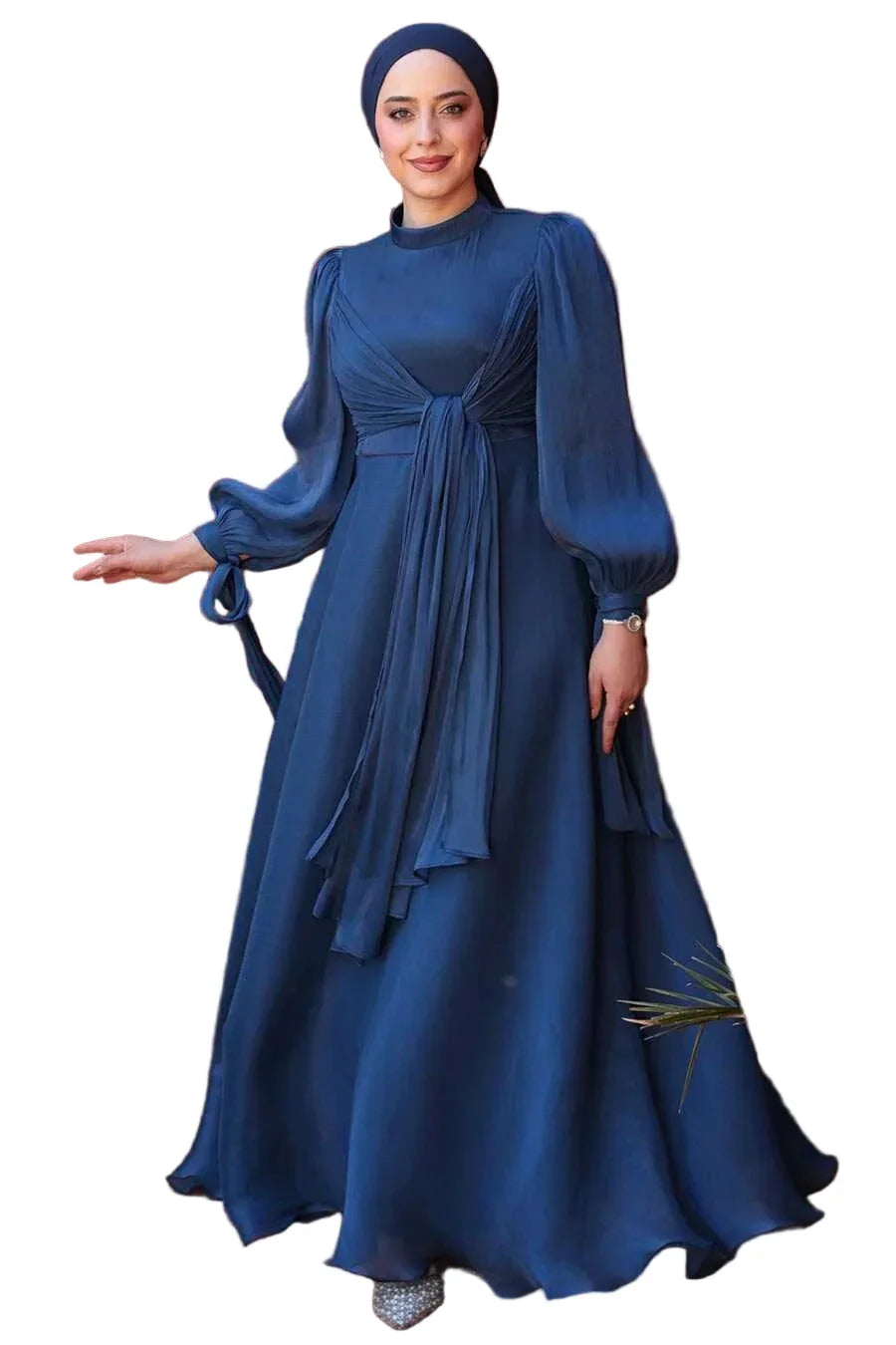 Navy Blue Organza Criss Cross Gown with fit and flare silhouette, crew neckline, perfect for elegant events.