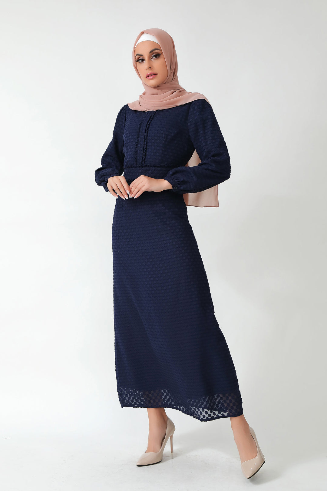 Navy Blue Textured Polka Dots Long Sleeve Maxi Dress