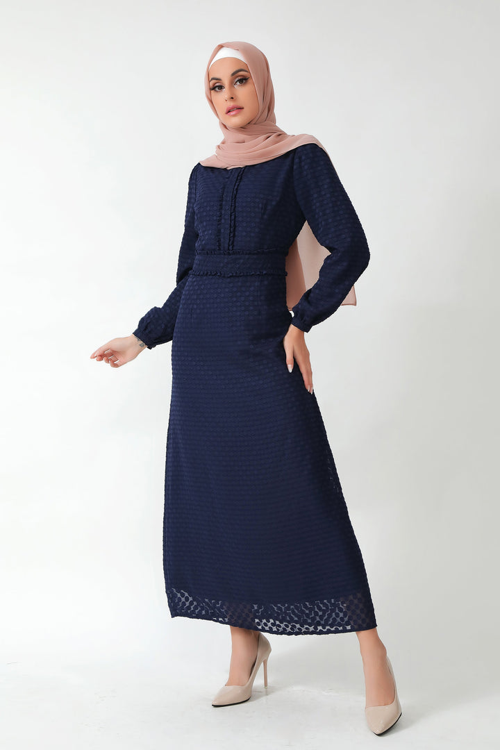 Navy Blue Textured Polka Dots Long Sleeve Maxi Dress