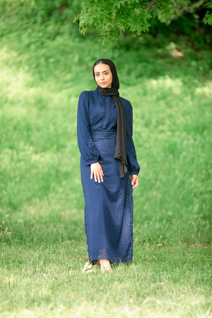 Navy Blue Textured Polka Dots Long Sleeve Maxi Dress