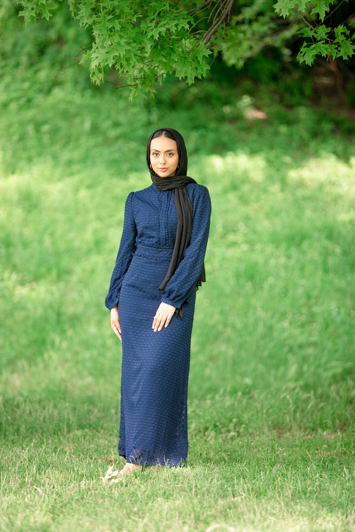 Navy Blue Textured Polka Dots Long Sleeve Maxi Dress