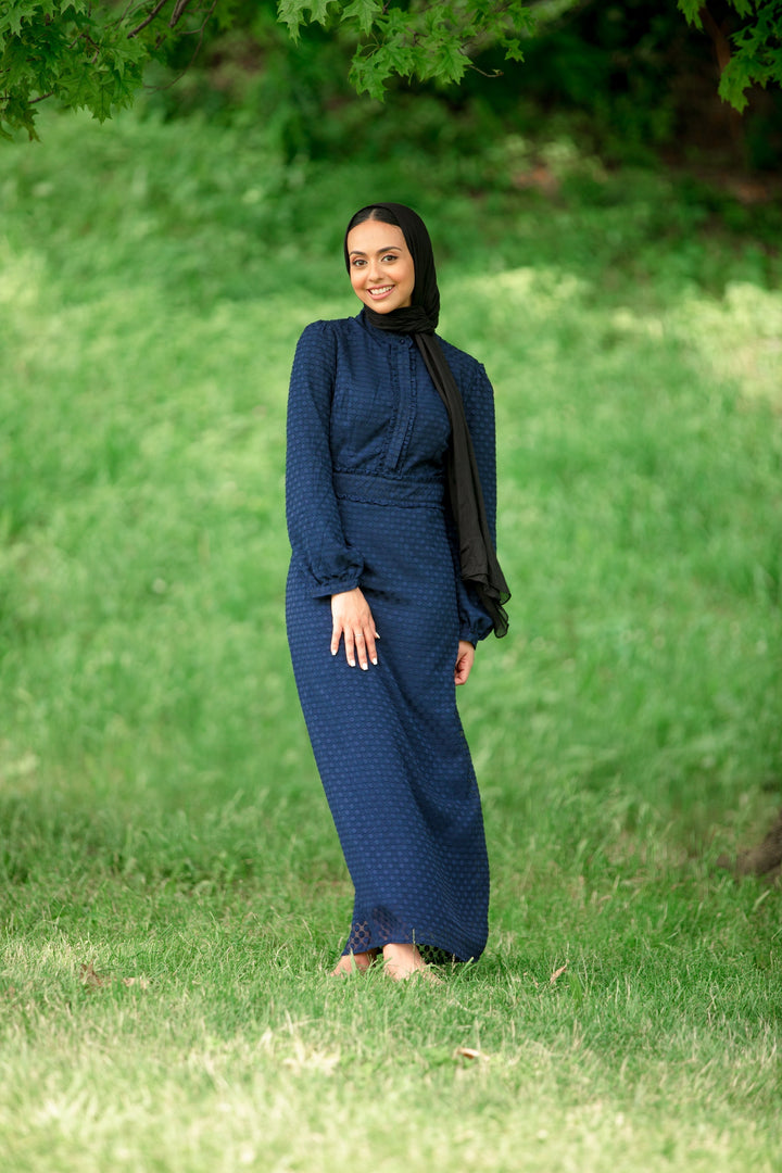 Navy Blue Textured Polka Dots Long Sleeve Maxi Dress