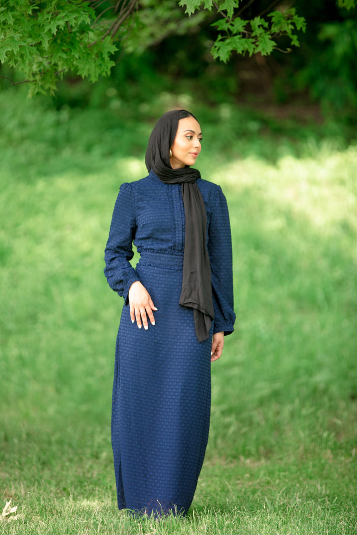 Navy Blue Textured Polka Dots Long Sleeve Maxi Dress