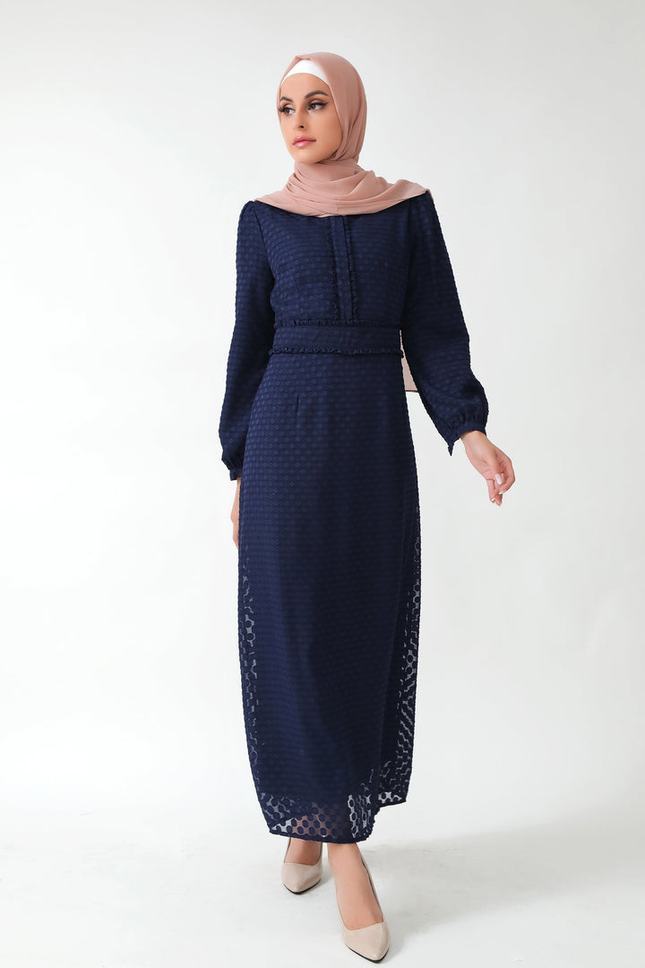 Navy Blue Textured Polka Dots Long Sleeve Maxi Dress