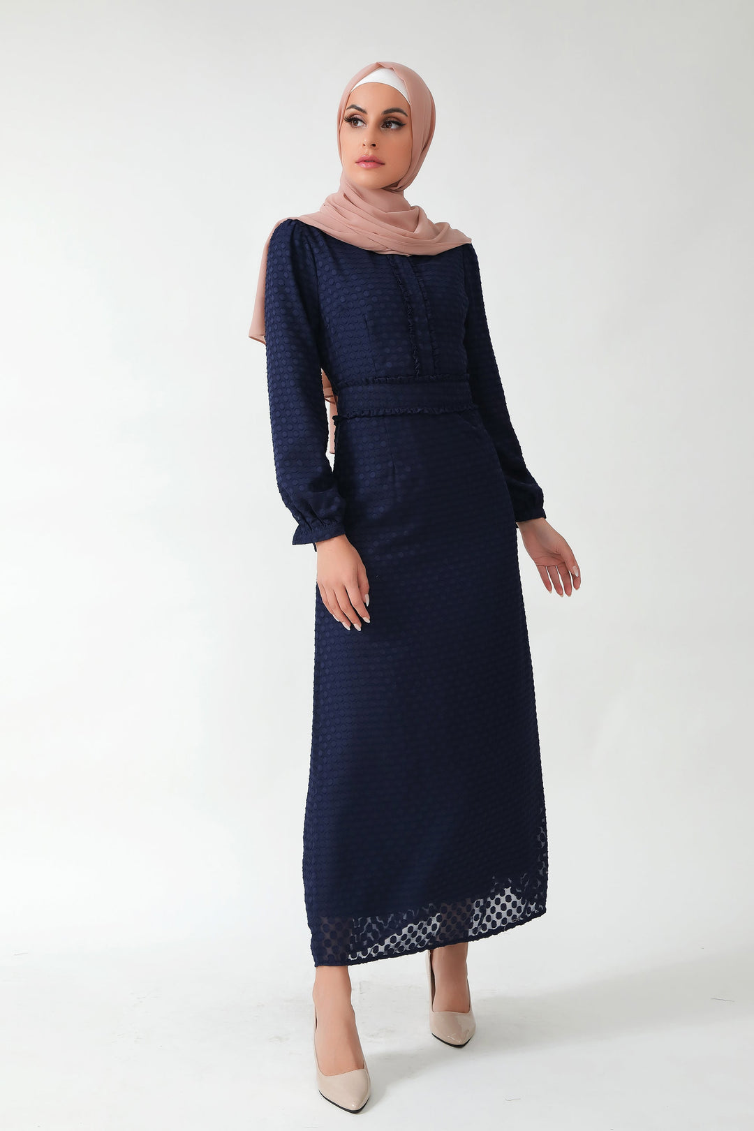 Navy Blue Textured Polka Dots Long Sleeve Maxi Dress