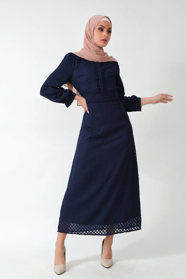 Navy Blue Textured Polka Dots Long Sleeve Maxi Dress