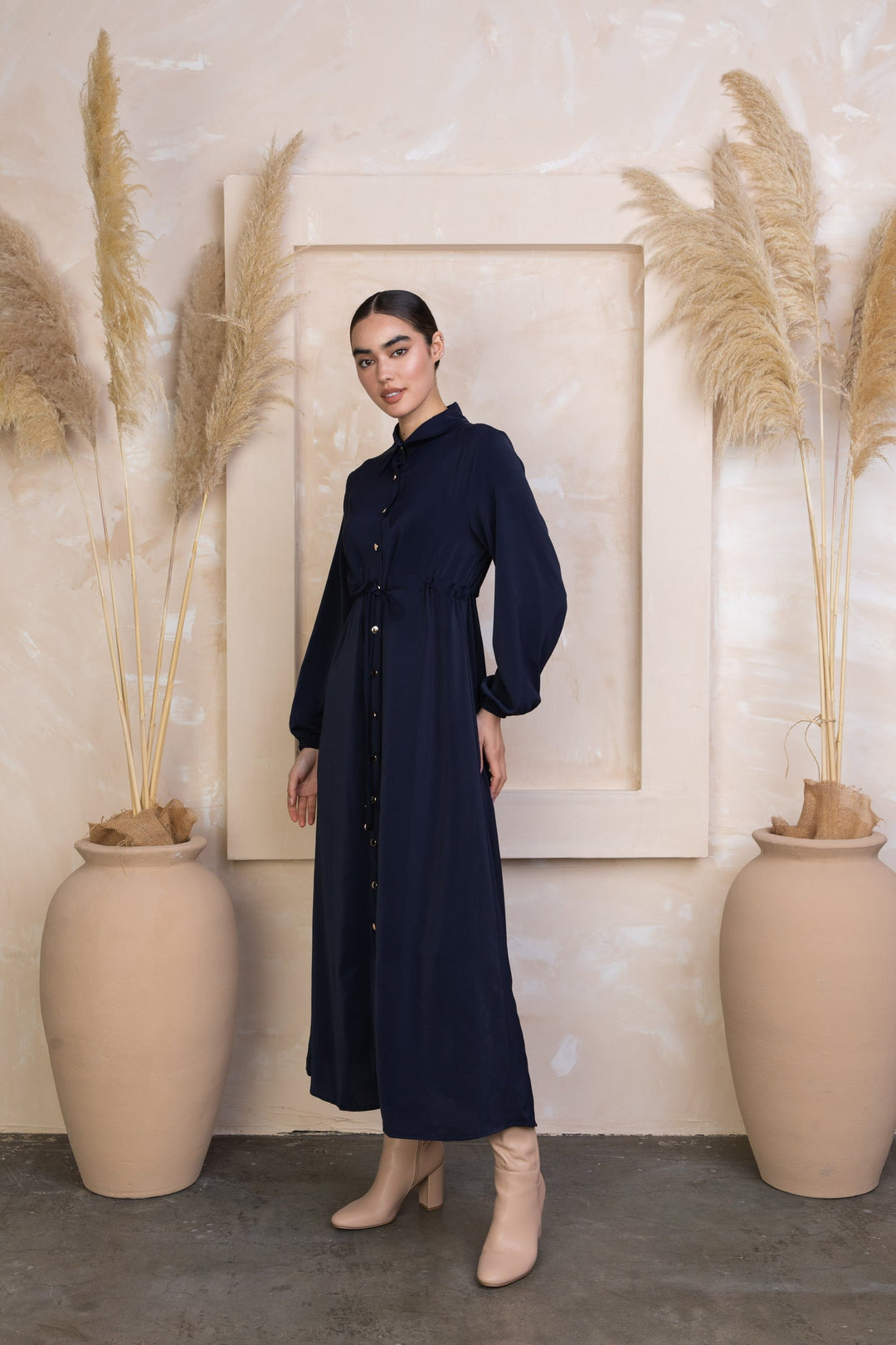 Navy Button Down Drawstring Non-Sheer Maxi Cardigan