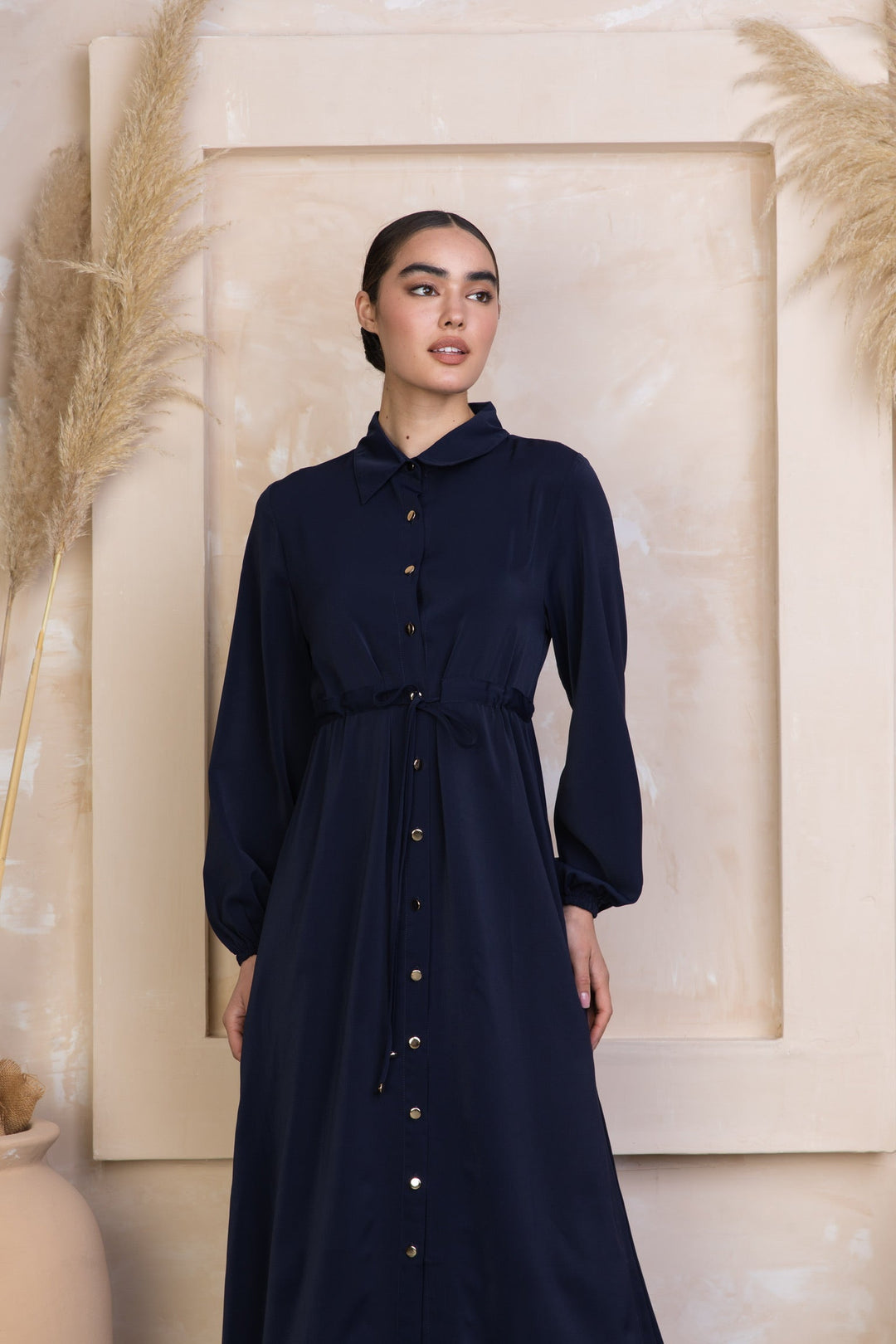 Navy Button Down Drawstring Non-Sheer Maxi Cardigan