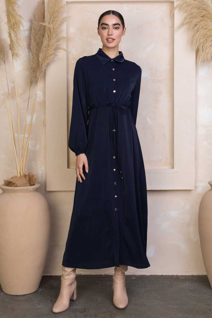 Navy Button Down Drawstring Non-Sheer Maxi Cardigan