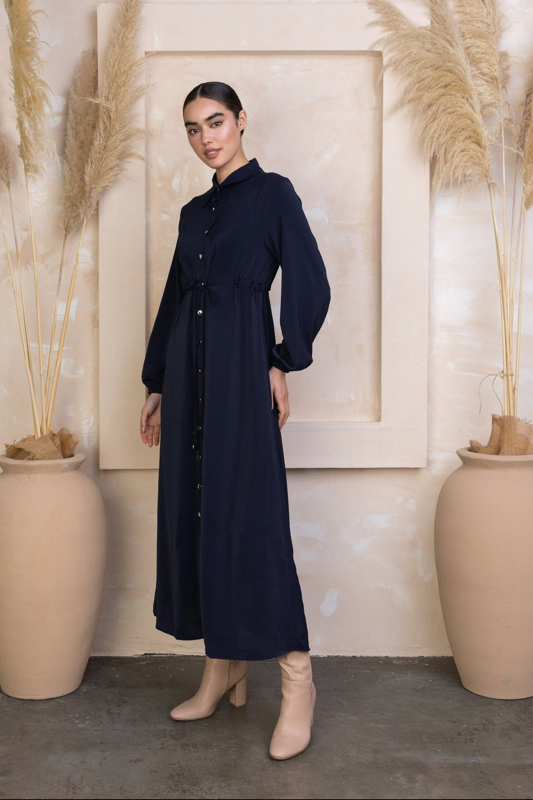 Navy Button Down Drawstring Non-Sheer Maxi Dress Urban Modesty Navy Button Down Drawstring Non-Sheer Maxi Dress Urban Modesty
