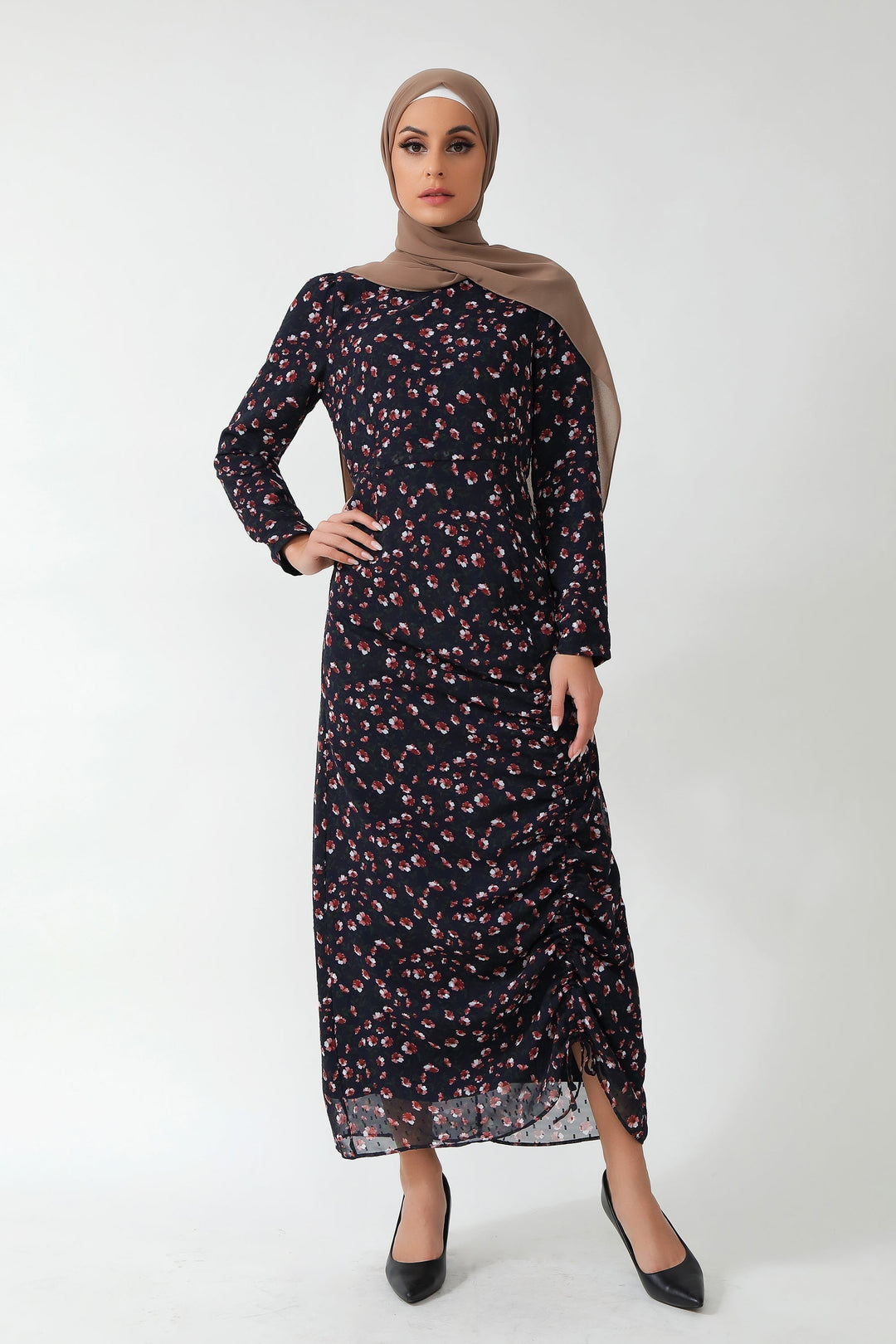 Navy Floral Ruched Maxi Dress