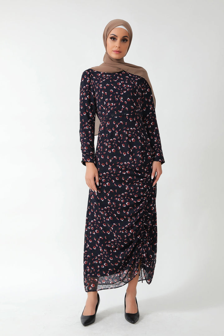 Navy Floral Ruched Maxi Dress