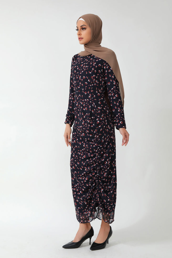 Navy Floral Ruched Maxi Dress