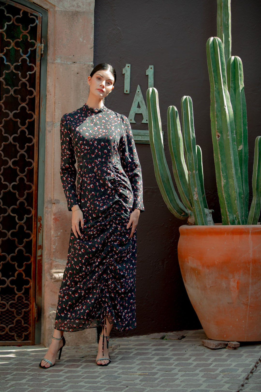 Navy Floral Ruched Maxi Dress