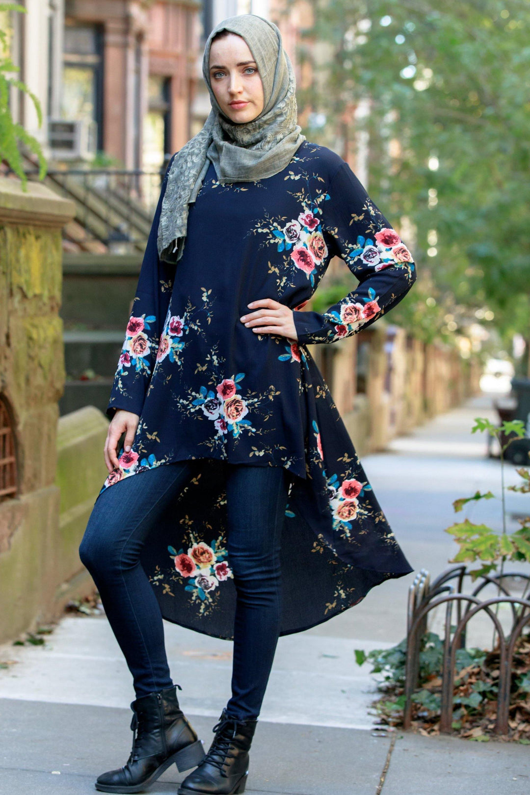 Navy Hi-Lo Floral Tunic Top - Urban Modesty