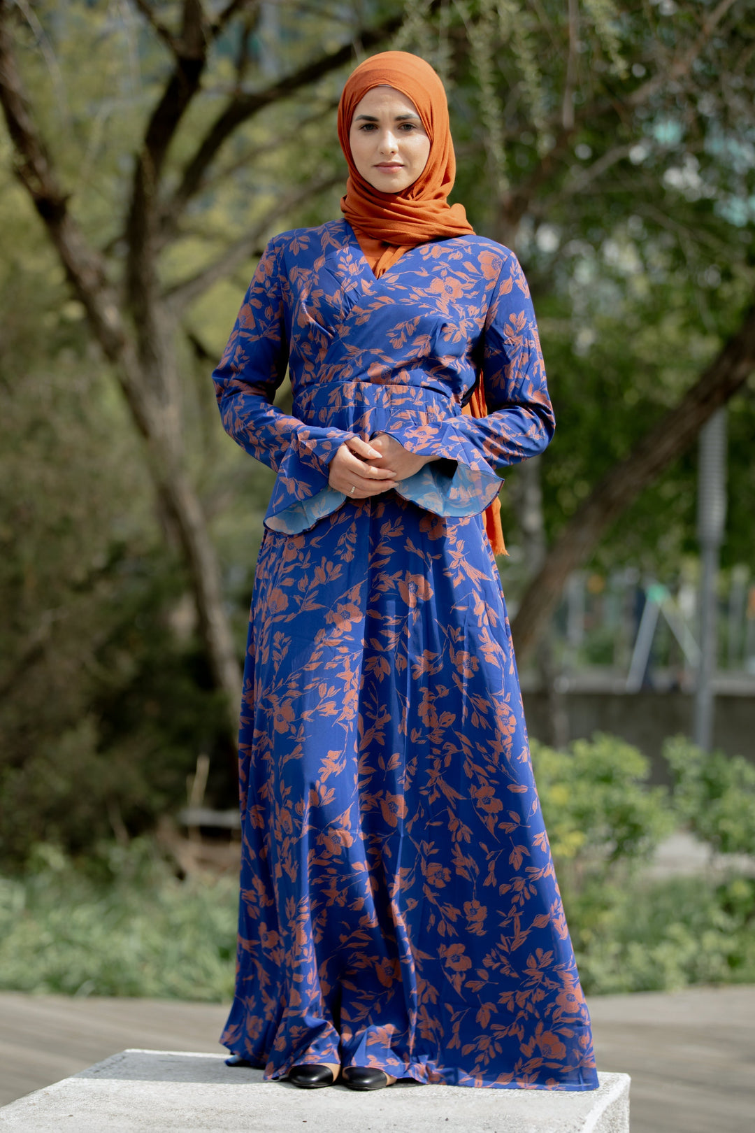 Navy and Caramel Flutter Long Sleeve Maxi Dress-CLEARANCE