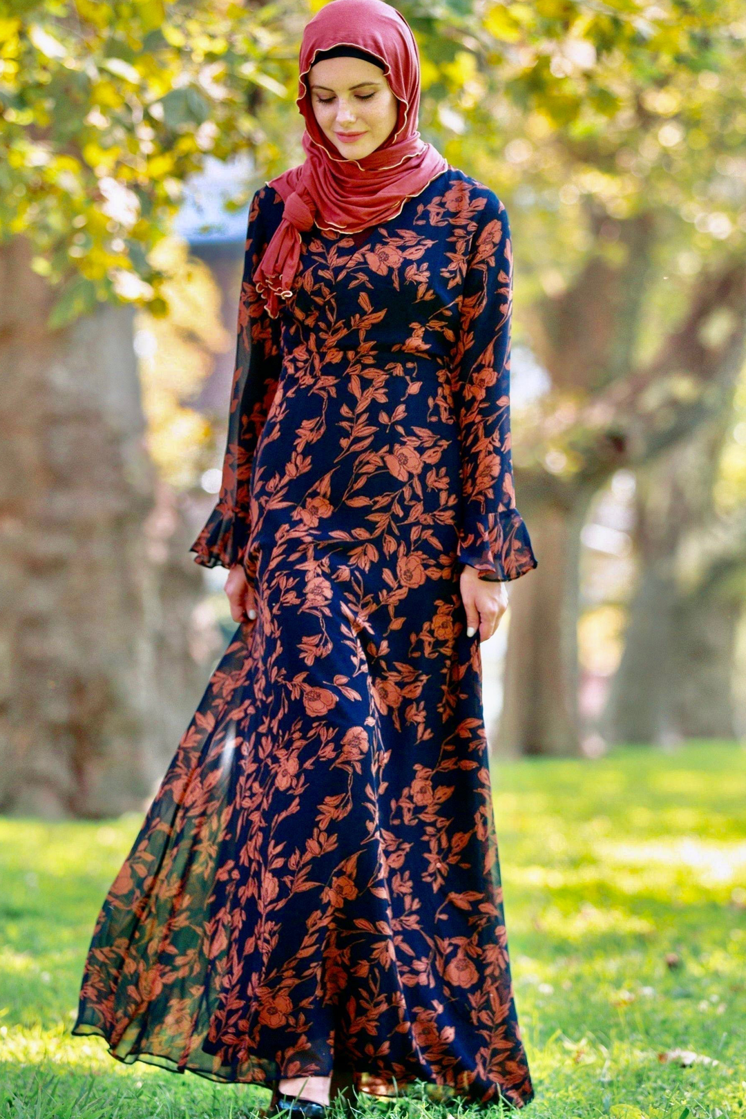 Navy and Caramel Flutter Long Sleeve Maxi Dress-CLEARANCE