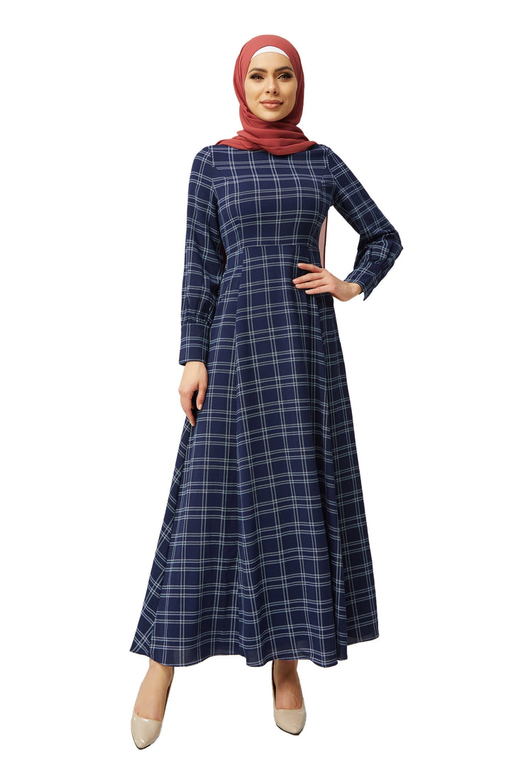 Navy and White Grid Print Maxi Dress-CLEARANCE