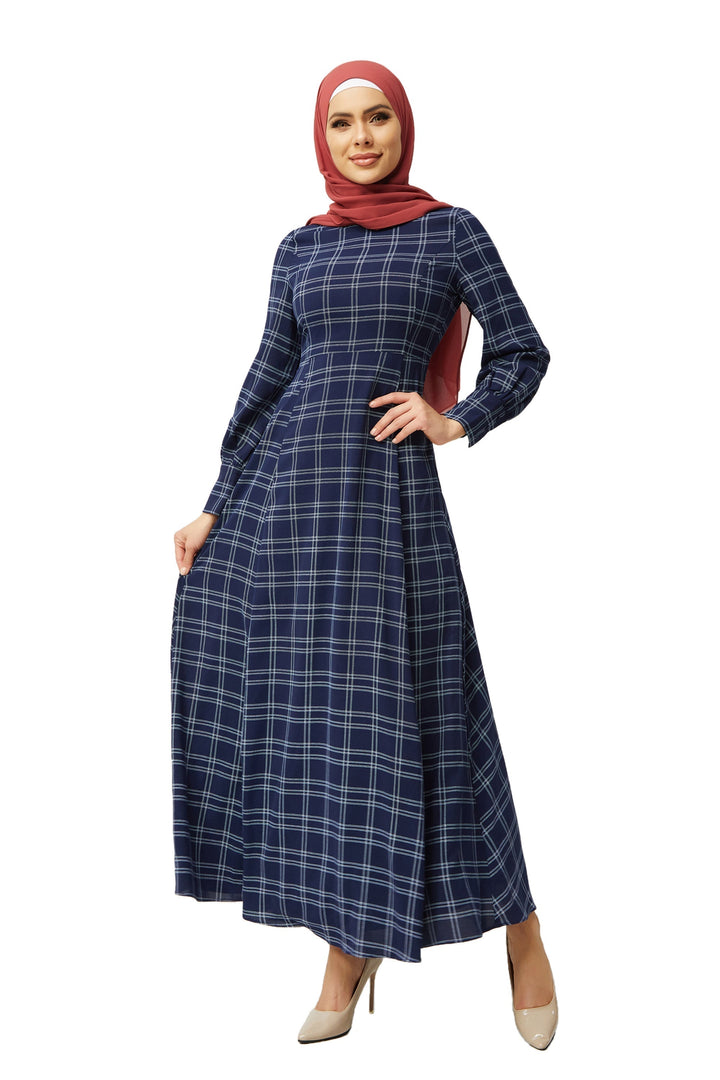 Navy and White Grid Print Maxi Dress-CLEARANCE