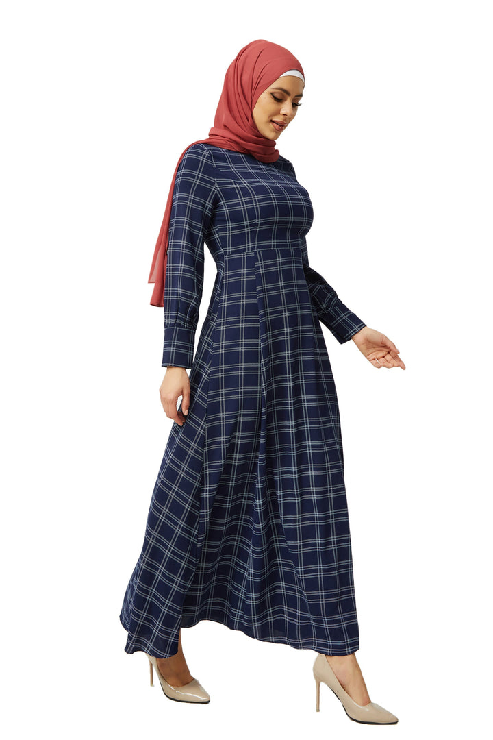 Navy and White Grid Print Maxi Dress-CLEARANCE