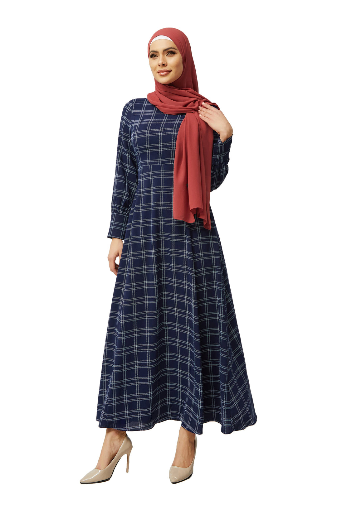 Navy and White Grid Print Maxi Dress-CLEARANCE